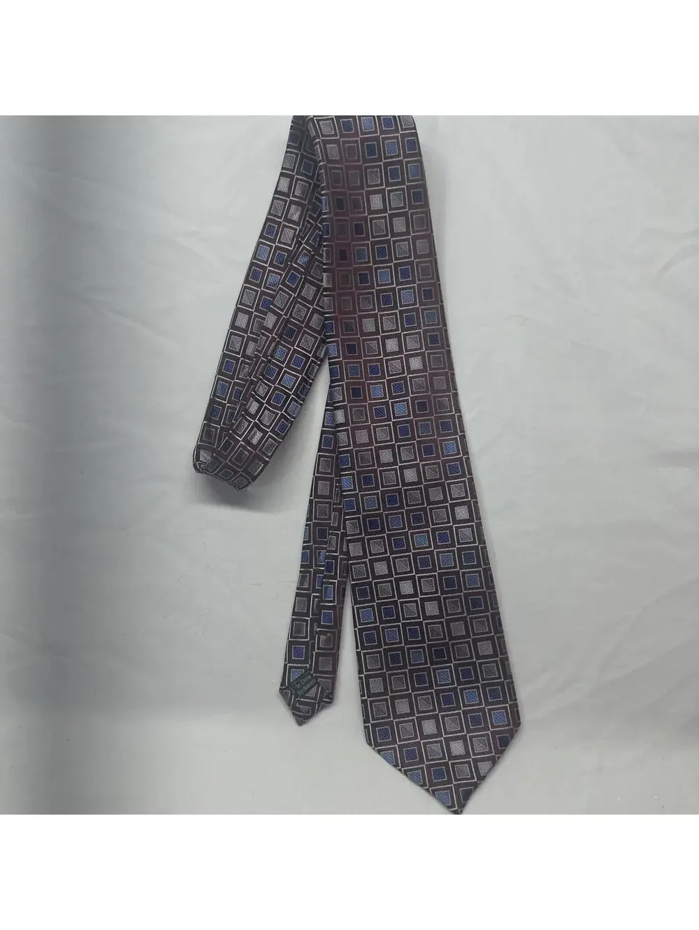 Pronto Uomo Necktie Mens OS Burgundy Blue Silver Geometric Square Silk Hand Made